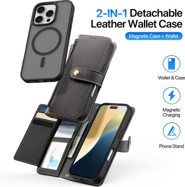 DUX DUCIS 2in1 Magnetische Ledertasche als abnehmbare Brieftasche für iPhone 16 Pro Max, iPhone 15 Plus und iPhone 16e, Folio Flip Case mit Magnetverschluss und Multi-Slots, Schwarz - Bild 1