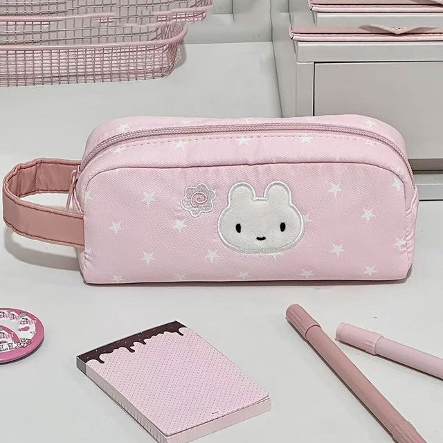 Multifunktionale rosa Stifttasche mit Stern-Kaninchen-Muster, tragbares Federmäppchen mit Reißverschluss und großem Fassungsvermögen für Studenten - Bild 1