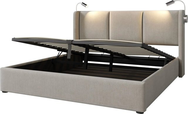 okwish Polsterbett mit Stauraum und USB-Anschluss sowie Leselicht in Beige, B/T/H: 140 x 200 x 107 cm - Bild 1
