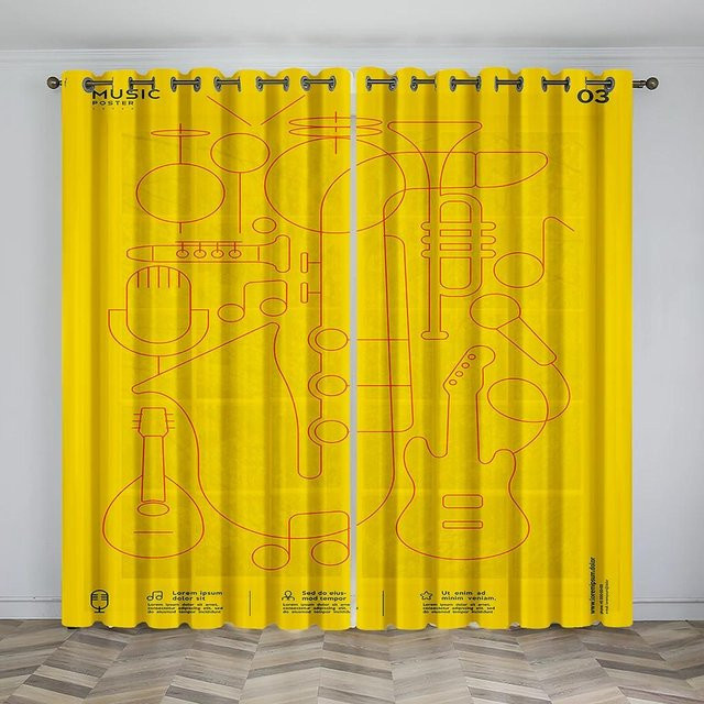 Yiran Furniture Musikbühne Vorhänge mit Instrumenten-Design, gelb, semi-transparent, 2er-Set, Breite: 65 cm, Höhe: 60 cm - Bild 1