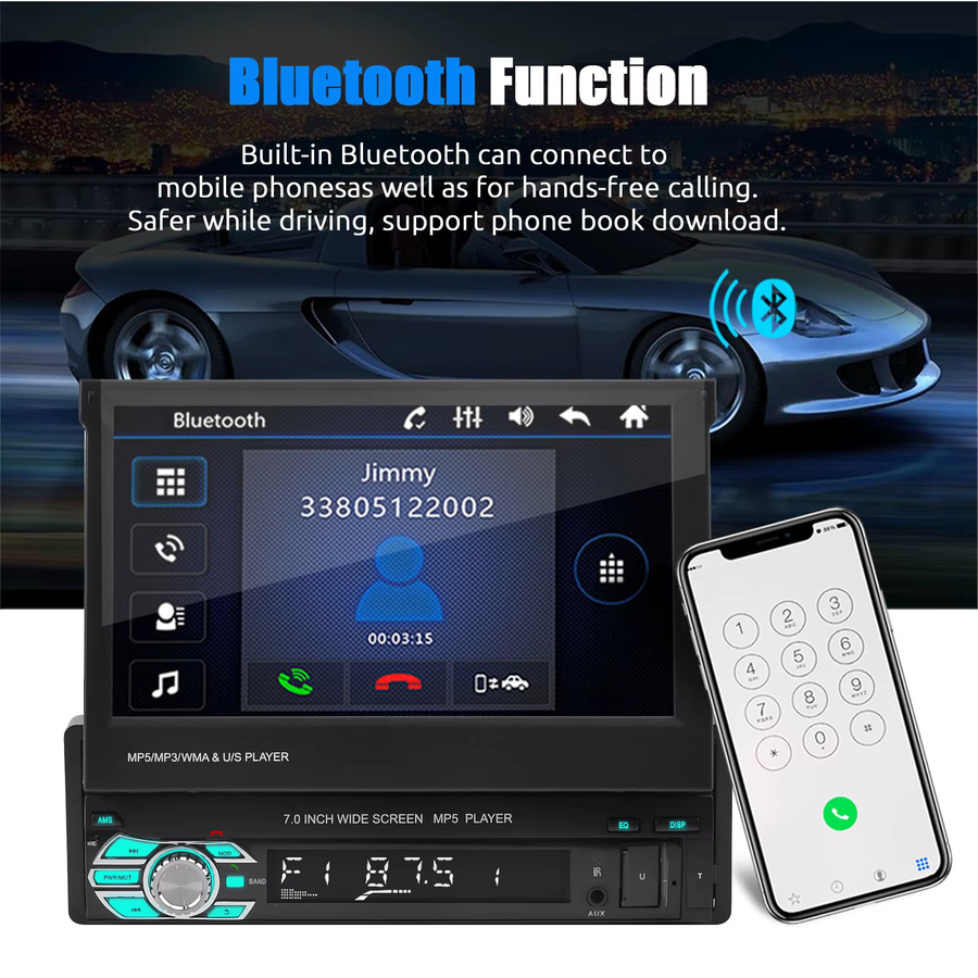 ESSGOO 7-Zoll Single DIN Autoradio mit ausklappbarem Touchscreen, Bluetooth Freisprecheinrichtung, USB, AUX-IN, TF und Mirror Link in Schwarz - Bild 4