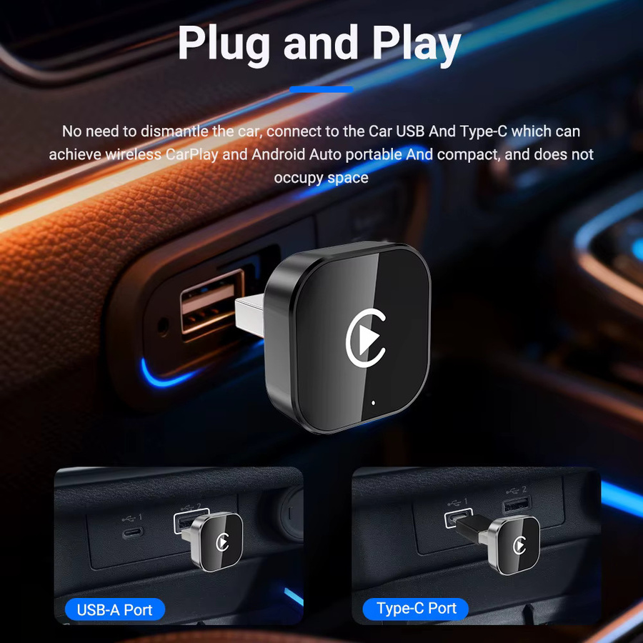 XUDA 2-in-1 CarPlay Adapter von kabelgebunden zu kabellos mit Android Auto Unterstützung, 5GHz WiFi Smart Box in Schwarz mit USB-C und USB-A Anschlüssen - Bild 5
