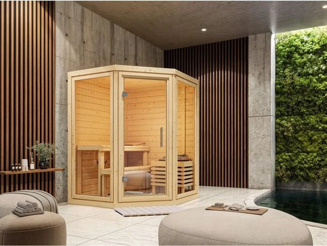Karibu Massivsauna Yalda aus Fichte in Braun ohne Ofen, B/T/H: 201,0 x 148,5 x 148,5 cm - Bild 1