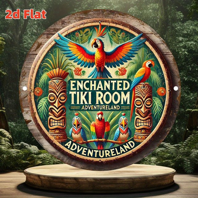 Potdemiel Enchanted Tiki Room Adventureland Metallblechschild mit Papageien- und Tiki-Masken-Design, rund, mehrfarbig, Durchmesser: 20 cm - Bild 1