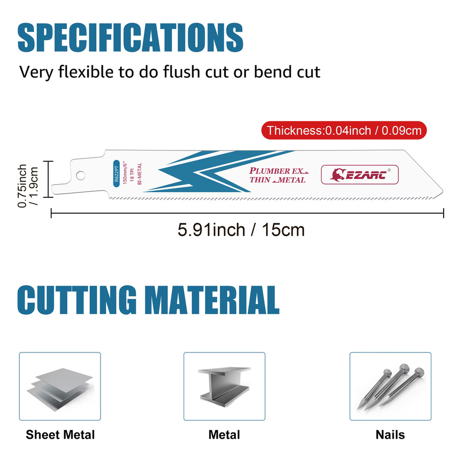 EZARC Säbelsägeblätter 150 mm aus Bimetall-Kobalt für dünnes Metall, 18 TPI, Silber, 1/2 Zoll Universalschaft - Bild 2
