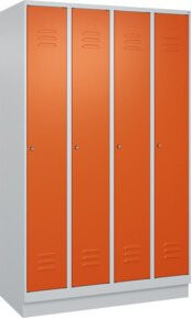 C+P Spind Classic PLUS Garderobenschrank mit Sockel, 4 Abteile, Lichtgrau und Reinorange, H x B x T: 195 x 120 x 50 cm, mit Zylinderschloss, Garderobenhaken und mittiger Trennwand - Bild 1