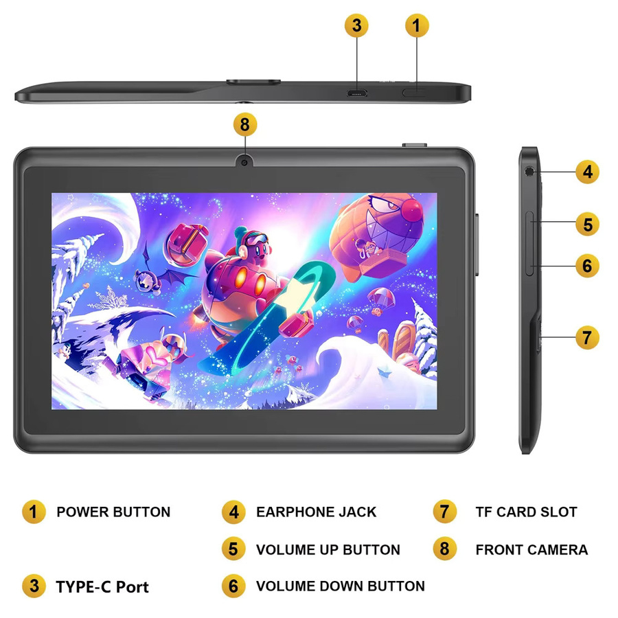 Kinder Tablet BDF mit 7 Zoll Display, Android 13, 4 GB RAM, 64 GB ROM, WiFi, Bluetooth und USB-C in Schwarz - Bild 3