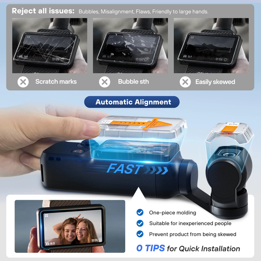 2er-Pack AR HD Gehärteter Glas-Displayschutz für DJI Osmo Pocket 3 und Pocket 4 inklusive Objektiv-Schutz und Auto-Align Installationskit, Transparent - Bild 2