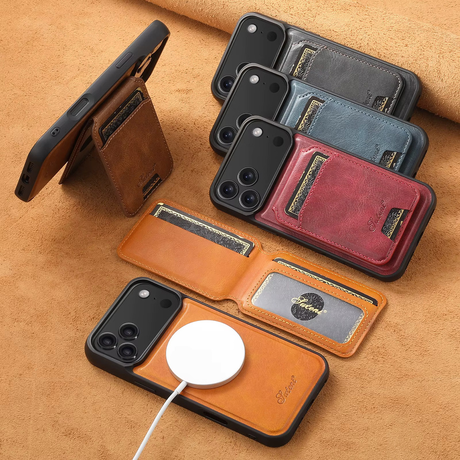 SUTENI Handyhülle aus Kunstleder mit kabellosem Laden, Magnet-Kartenhalter und Ständer für iPhone 17 Pro Max, 16 Plus, 15, 14, 13 in Schwarz und Braun - Bild 5