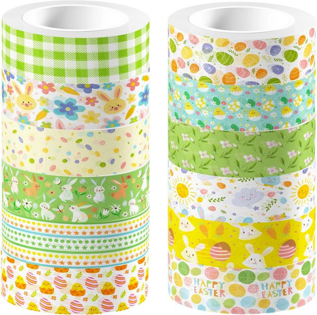 12 Rollen Washi Tape Set mit Ostern-Motiven wie Eiern und Kaninchen in Multicolour für Scrapbooking und DIY-Bastelarbeiten - Bild 1