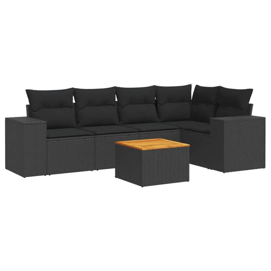vidaXL 6-tlg Garten-Sofagarnitur in L-Form aus Polyrattan und Akazienholz mit Kissen, Schwarz - Bild 2