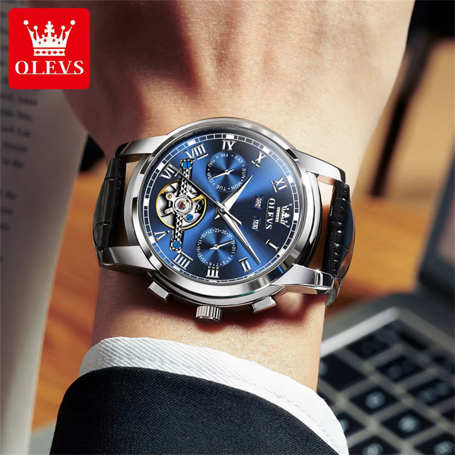 OLEVS Armbanduhr Automatik, Edelstahl, Blau, Leder, Herren - Bild 4