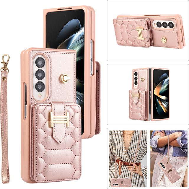 Samsung Folio Handyhülle für Galaxy Z Fold mit Handgelenkschlaufe, Leder-Kartenhalter und Brieftaschenfunktion in Gold oder Pink - Bild 1