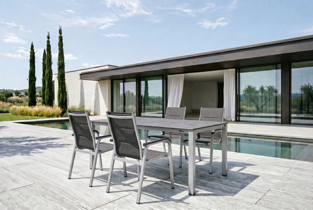 Kettler Cubic/ Basic Plus Padded Garten-Essgruppe aus Alu und Textilene in Silber/Anthrazit mit Tisch und 4 Stapelsesseln, Tisch B: 160 cm, T: 90 cm, H: 74 cm - Bild 1
