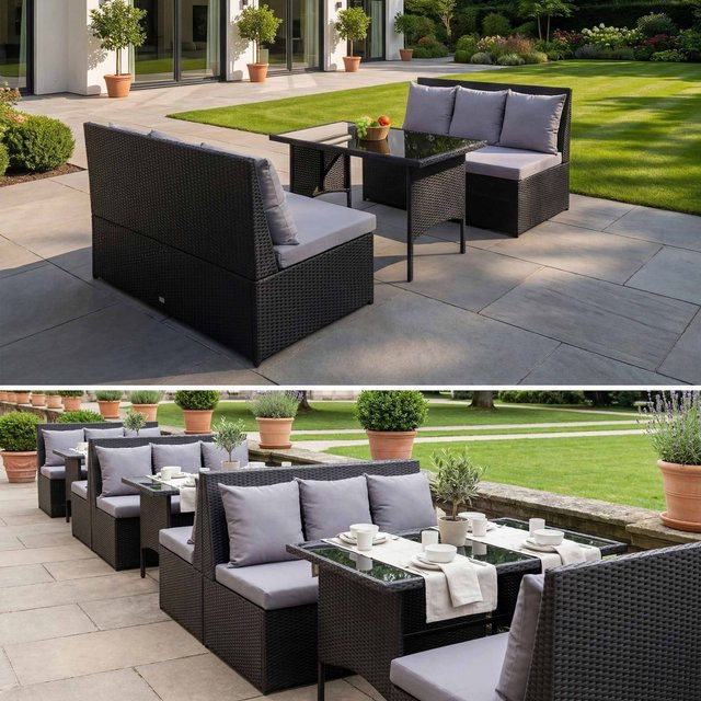 MCW Poly-Rattan Garten-Lounge-Set G16 mit 2x2er Sofa und Tisch in Schwarz und hellgrauen Kissen - Bild 3