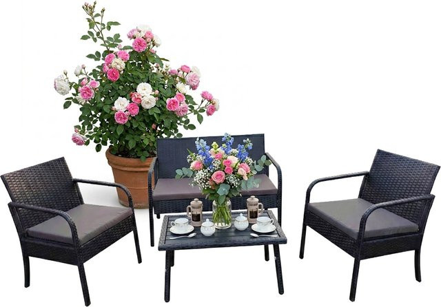 Relaxdays Gartenmöbel Set aus Polyrattan für 4 Personen in Schwarz mit modernem Flecht-Design, B/T/H: 78 x 106 x 56 cm - Bild 1