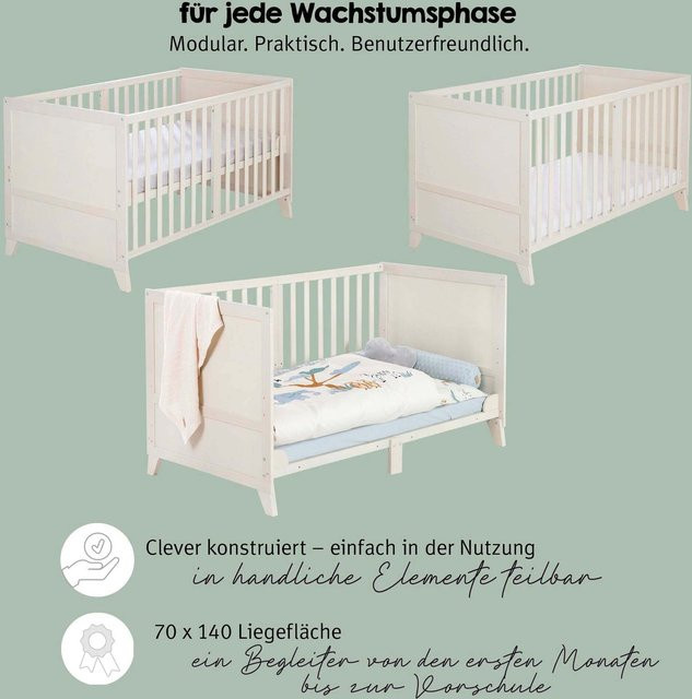 Roba Kinderbett Savanna Friends aus Massivholz in Grau und Weiß, B/T/H: 140 x 70 x 81 cm - Bild 1