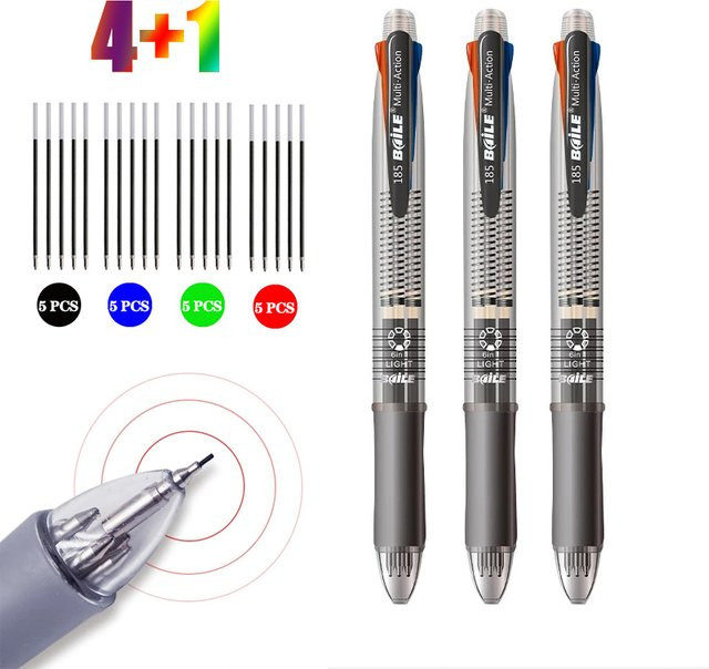 MROOFUL 5 in 1 Multicolor Kugelschreiber mit 4 austauschbaren Farben, automatischem Bleistift und Radiergummi im Kawaii Design - Bild 1