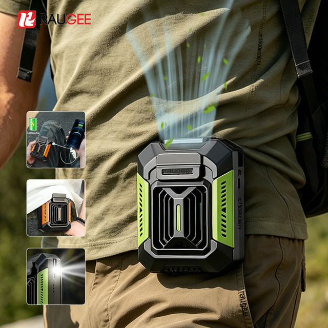 Tragbarer Taillenventilator von raugee mit 4000mAh Akku, Mini-Halsventilator für Outdoor als USB-Luftkühler und Campingventilator mit Powerbank und Licht in Schwarz und Grün - Bild 1