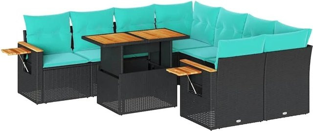 vidaXL 9-teilige Garten-Sofagarnitur in L-Form aus Poly-Rattan und pulverbeschichtetem Stahl mit blauen Kissen in Schwarz - Bild 1