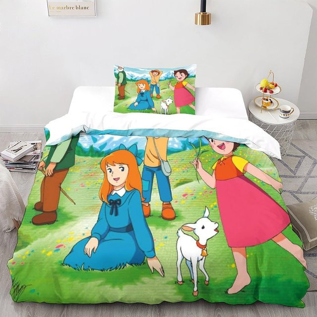Bettwäscheset mit Anime Mädchen und Heidi Cartoon Druck, bestehend aus Bettdeckenbezug und Kissenbezug, Mehrfarbig, B/H: 220 x 240 cm, B/H: 50 x 70 cm - Bild 1