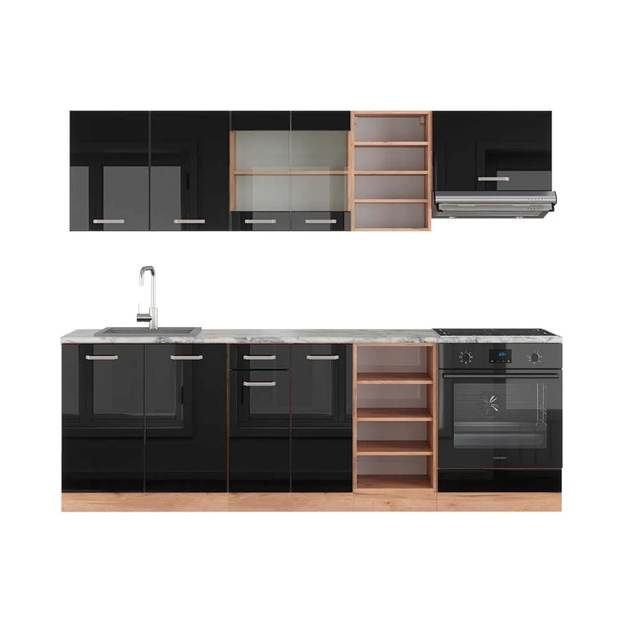 Vicco R-Line Küchenzeile Schwarz Hochglanz und Goldkraft Eiche mit Marmor-Optik, Breite: 240 cm - Bild 2