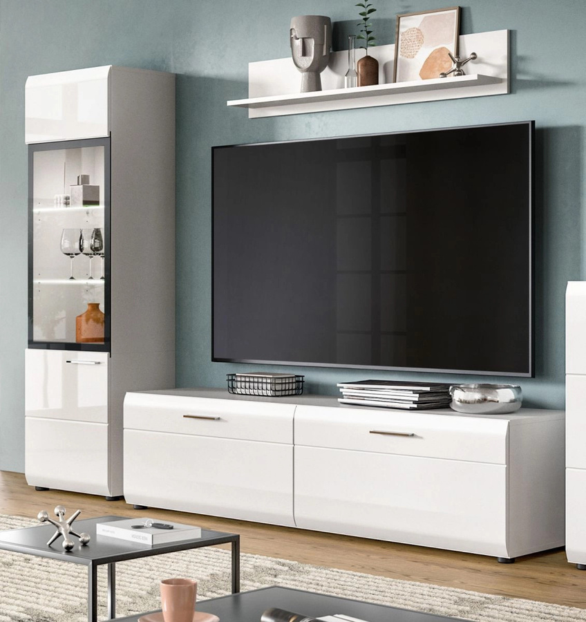 Moderne Wohnwand von Inn.Furn in Weiß Hochglanz mit Vitrine, Lowboard und offenen Regalen, B/H: 220 x 160 cm - Bild 1