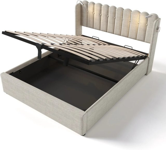 Merax Polsterbett mit Stauraum und integriertem Leselicht sowie USB-Anschluss, Farbe: Beige/Braun, B/T/H: 140 x 200 x 40 cm - Bild 1