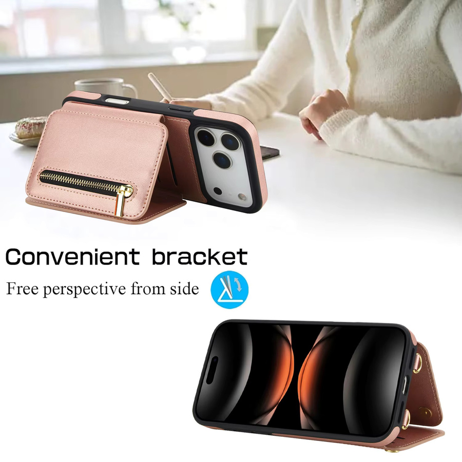 KELAPA Crossbody Leder Brieftasche und Handyhülle mit Kartenfächern und Reißverschluss für iPhone 11 bis iPhone 17 Pro Max in Braun oder Pink - Bild 3