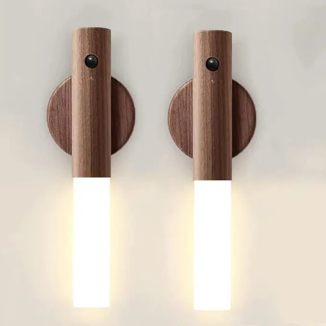 Heinast LED-Nachtlicht mit Bewegungsmelder und Induktionssensor, wiederaufladbare Wandleuchte in Holzoptik Braun für Schlafzimmer und Treppen, Warmweiß - Bild 1
