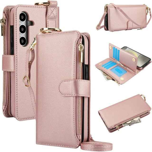 Leder Geldbörse Hülle mit Ring Lanyard und Reißverschluss für Samsung Galaxy A55 A15 A54 A14 A53 A16 S25 S26 S24 S23 S22 Ultra Edge in Pink - Bild 1