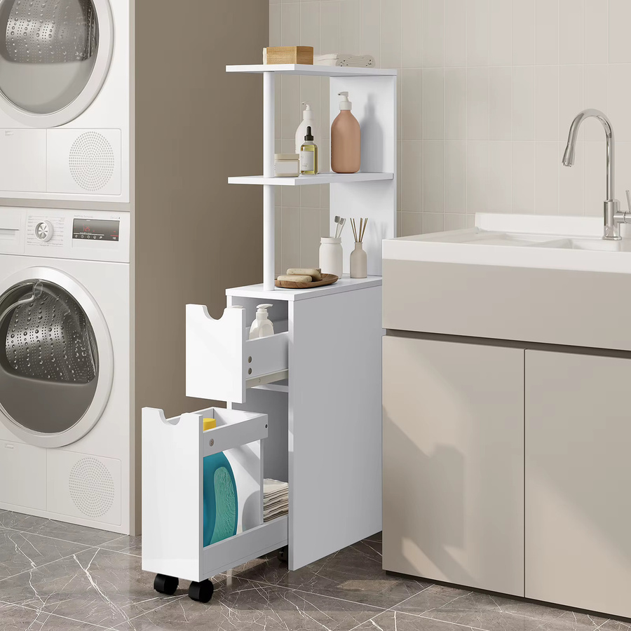 EUGAD Weißer Badezimmer-Nischenschrank mit Schubladen und Rollen, Schmaler Freistehender Aufbewahrungsschrank für Küche und Bad aus MDF, Mattweiß - Bild 2