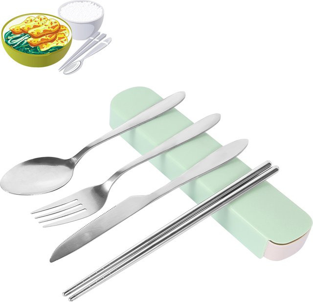 Willstar 4-teiliges tragbares Besteckset aus Edelstahl in Silber und Grün mit Etui für Erwachsene - Bild 1
