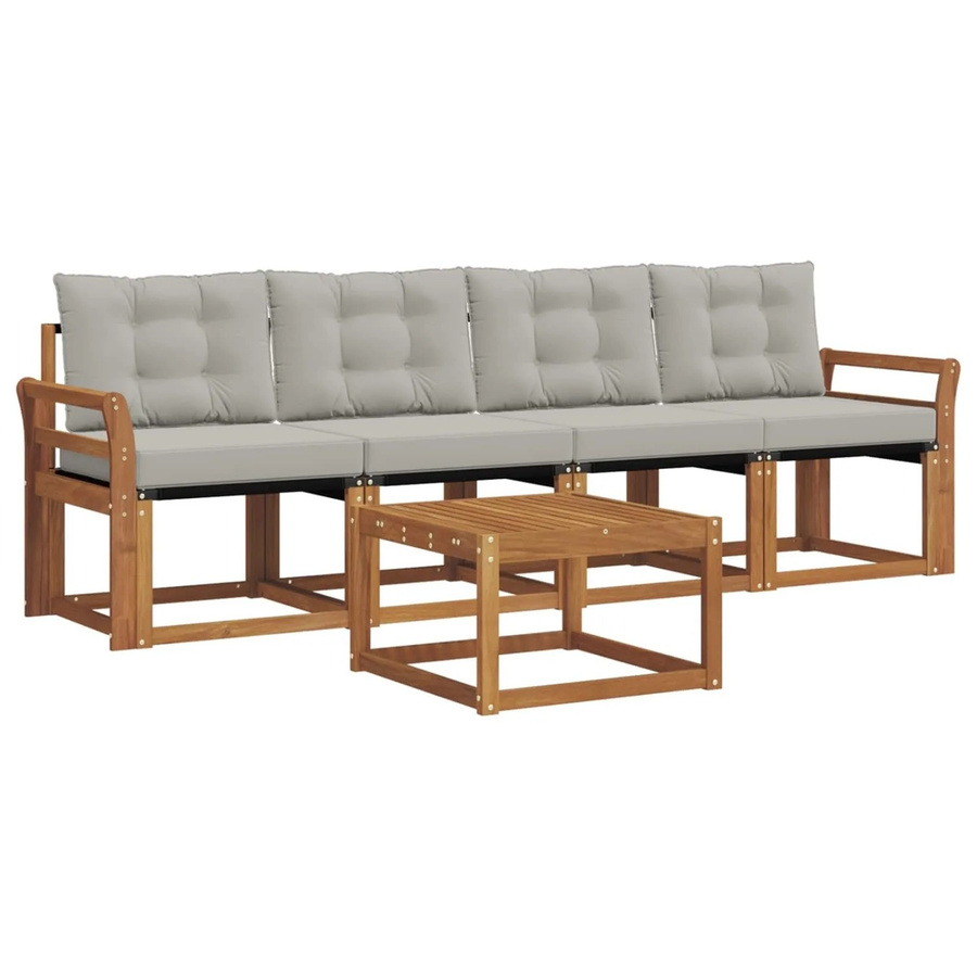 vidaXL Outdoor-Sofagarnitur 5-teilig aus Akazienholz mit Textilene und Kissen in Natur und Hellgrau - Bild 2