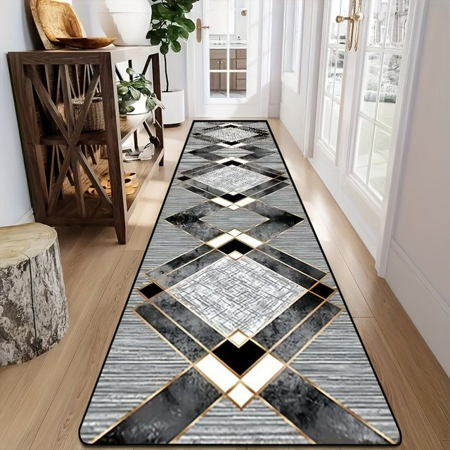 VIKAMA Teppich in Schwarz-Gold mit geometrischem Art-Deco-Design, schmutzabweisend und pflegeleicht, Breite: 120 cm, Tiefe: 16 cm - Bild 1
