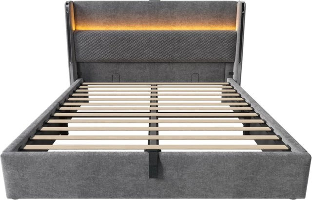 okwish Hydraulisches Bett mit LED-Beleuchtung und USB-Ladeport, Grau, B/T/H: 160 x 200 x 121 cm - Bild 1