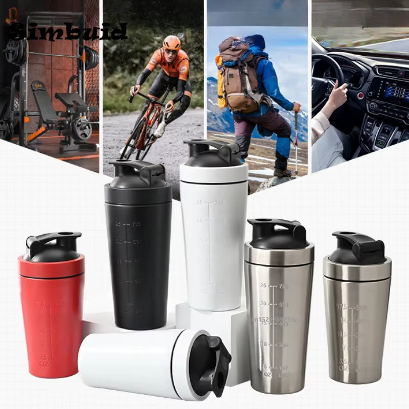 Simbuid Edelstahl Proteinpulver Shaker mit Skala in Schwarz und Silber, 500/750 ml auslaufsichere Sportflasche für Fitness und Whey Shakes - Bild 3