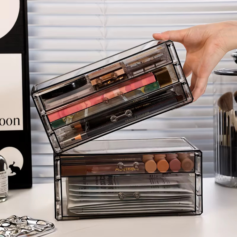 Schreibtisch-Schublade aus Acryl in Transparent und Schwarz, stapelbare Kosmetik-Aufbewahrungsbox und Organizer für Bürobedarf und Hautpflege - Bild 6