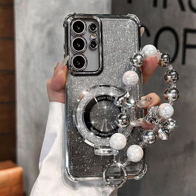 Stoßfeste Handyhülle mit Glitzer, Ständer und Armband für Samsung Galaxy S26 S25 FE S24 Plus S23 S22 Ultra A56 A36 A26 A17 A57 A37 in Transparent/Silber - Bild 1