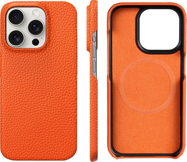 LANGSIDI MagSafe Handyhülle aus natürlichem Rindsleder mit Lychee-Struktur für iPhone 18 17 16 Pro Max 15 und Air 17Pro in Beige und Orange - Bild 1