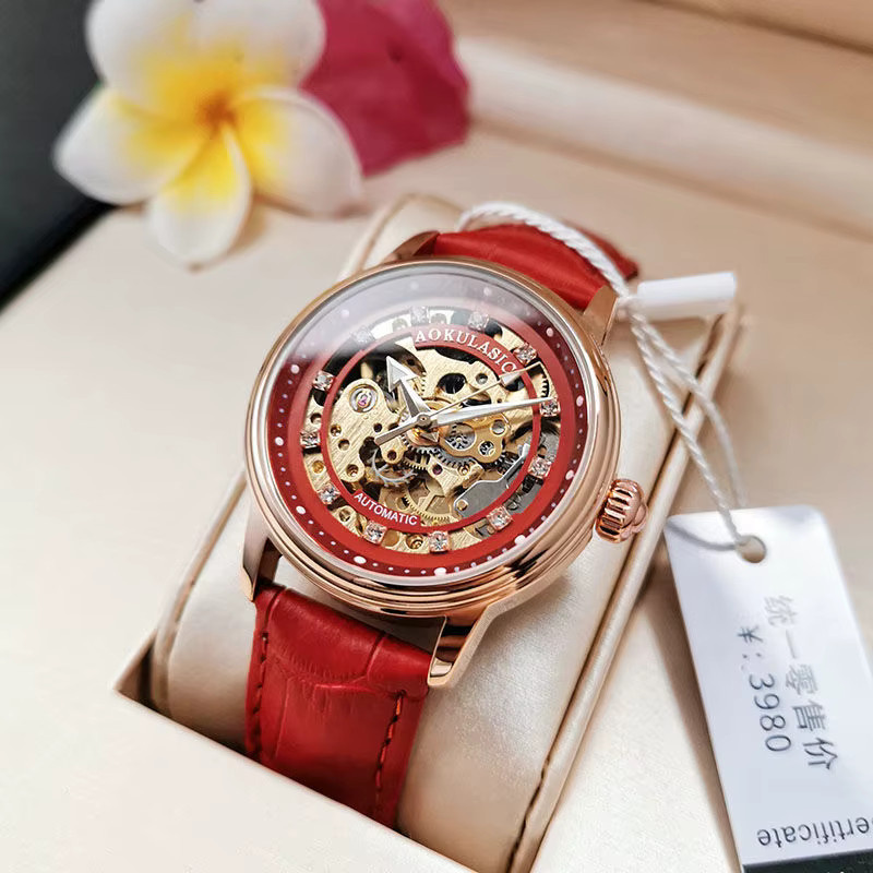 Augulas Automatik-Uhr, Diamantbesetzt, Edelstahl, Silber, Leder, Damen - Bild 1