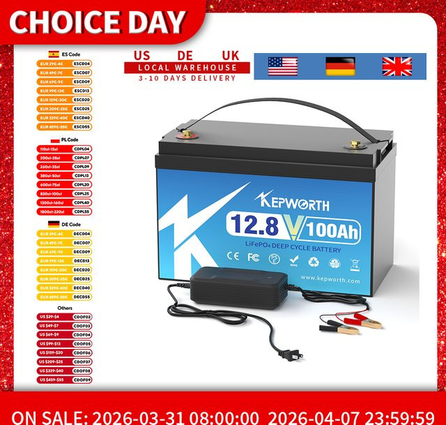 KEPWORTH LiFePO4-Akku 12 V 100 Ah, wiederaufladbarer Lithium-Eisenphosphat-Akku in Schwarz - Bild 1