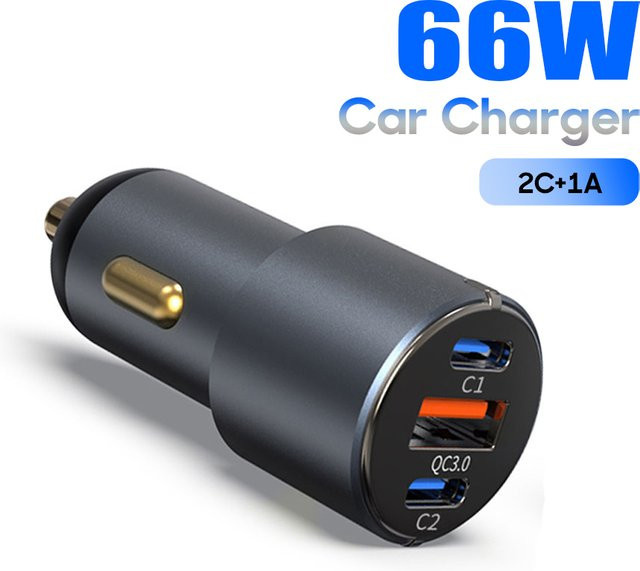 UBIGBUY 66W 3-Port Autoladegerät mit 2 USB-C PD30W und 1 USB-A 30W QC3.0 Schnellladegerät für iPhone, Samsung und iPad - Bild 1