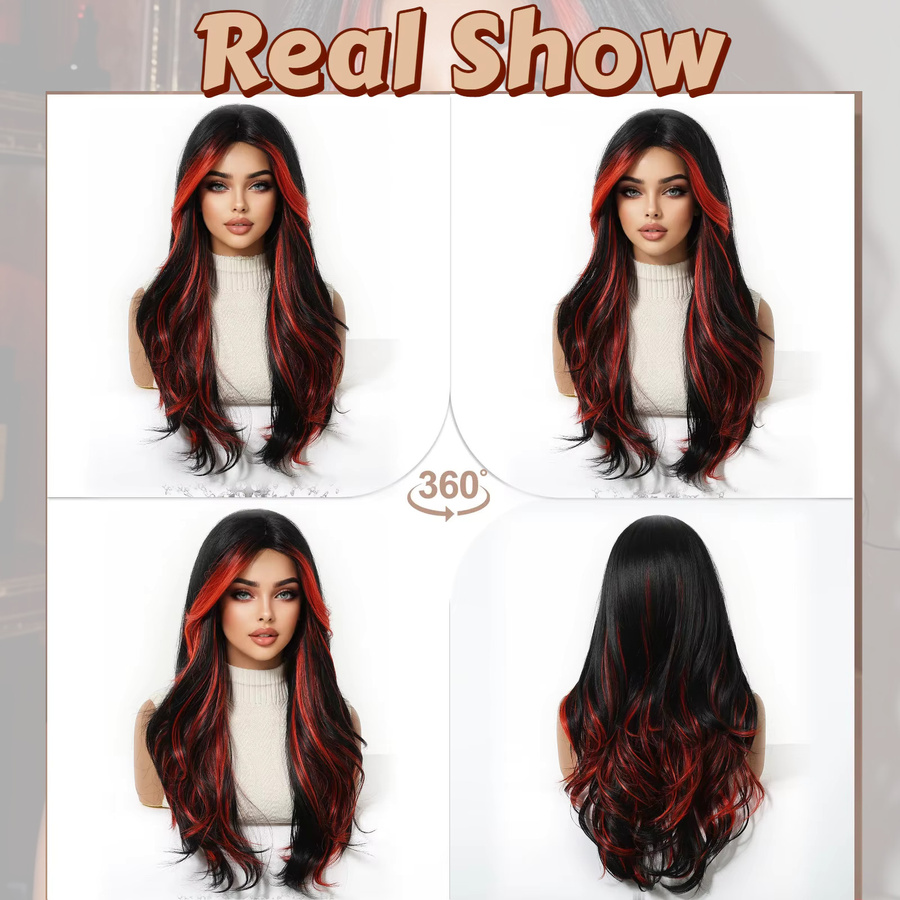 Blonde Unicorn Perücke, Damen, Rote bis schwarze Ombre-geschichtete lange gewellte synthetische Perücke mit Vorhang-Pony und roten Highlights, hitzebeständig - Bild 4