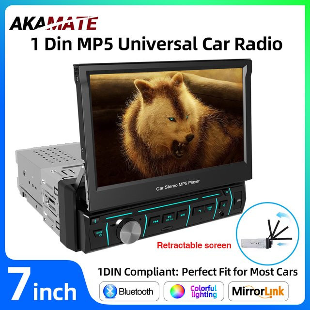 AKAMATE 7-Zoll Autoradio mit manuell einziehbarem Bildschirm, Bluetooth, Mirrorlink und Sprachassistent, 1Din Multimedia-Player in Schwarz - Bild 1