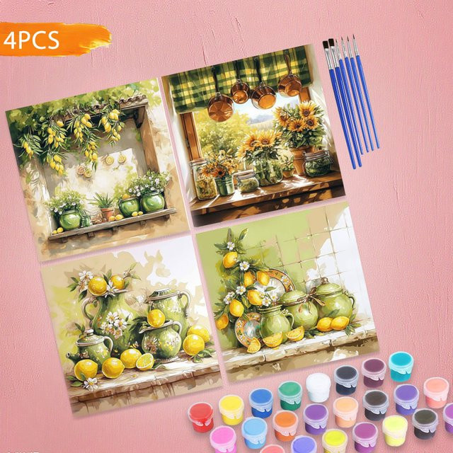 HUACAN Malen nach Zahlen, Sonnenblumen, Obst, Zitrone, 4-teiliges Set, Leinwand - Bild 1