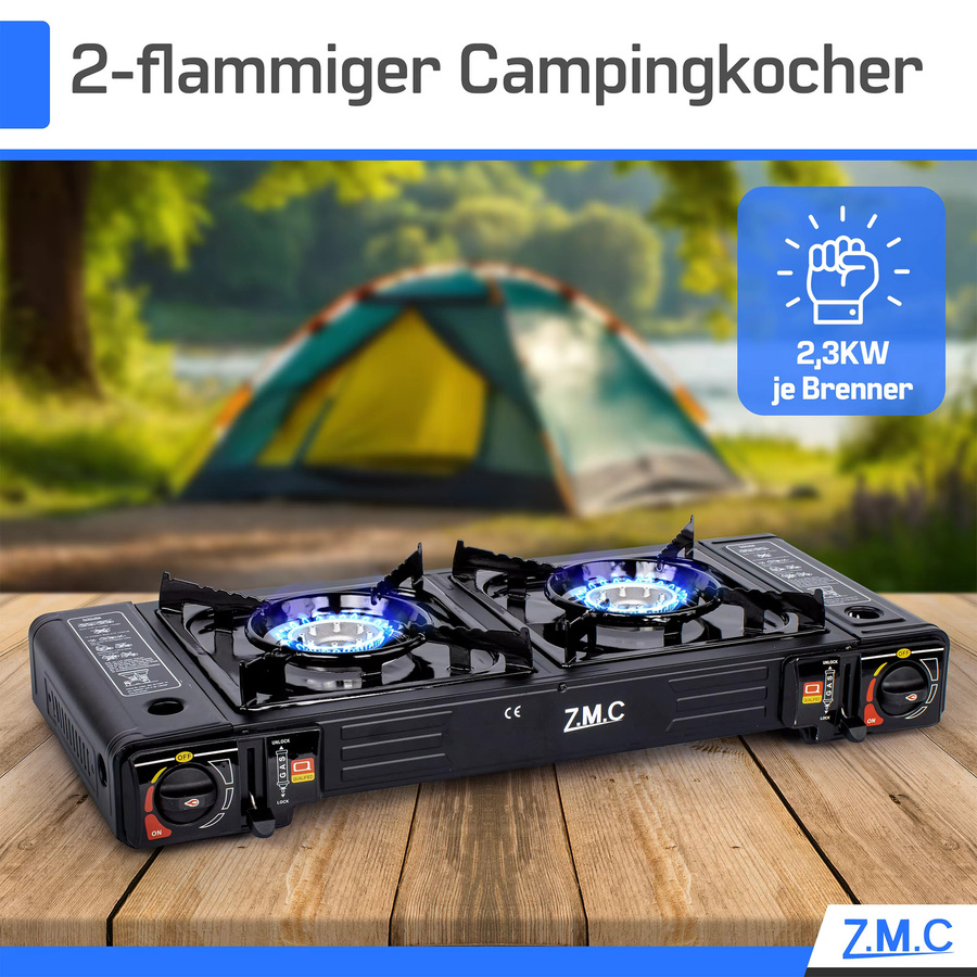 ZMC 2-flammiger Campingkocher 2,3 kW in Schwarz inklusive 20 Gaskartuschen à 227 g mit Piezo-Zündung, LPG-Adapter und tragbarem Koffer für Outdoor und Camping - Bild 4