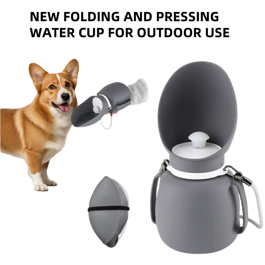 ZHUOJI Tragbare faltbare Haustier-Wasserflasche aus Silikon in Grau mit auslaufsicherem Drucktrink-Design für Outdoor-Reisen - Bild 2
