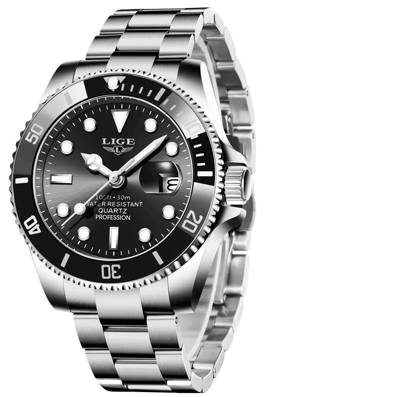 LIGE Armbanduhr Quarz, Edelstahl, Schwarz, Silber, Herren - Bild 7