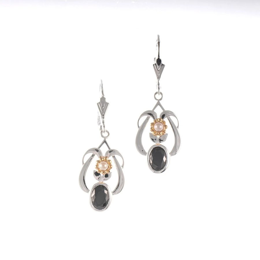 Ohrringe 925 Silber, teilvergoldet, Zirkonia schwarz, Perle, Damen - Bild 1